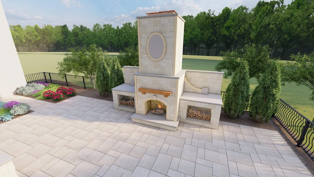 Outdoor fireplace with tall chimney and stone seating wall, surrounded by evergreens and patio paving.