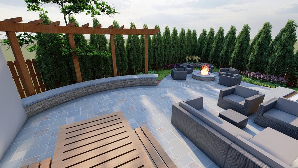 Fire feature with built-in seating, patio pavers, and privacy landscaping in a Wisconsin backyard.
