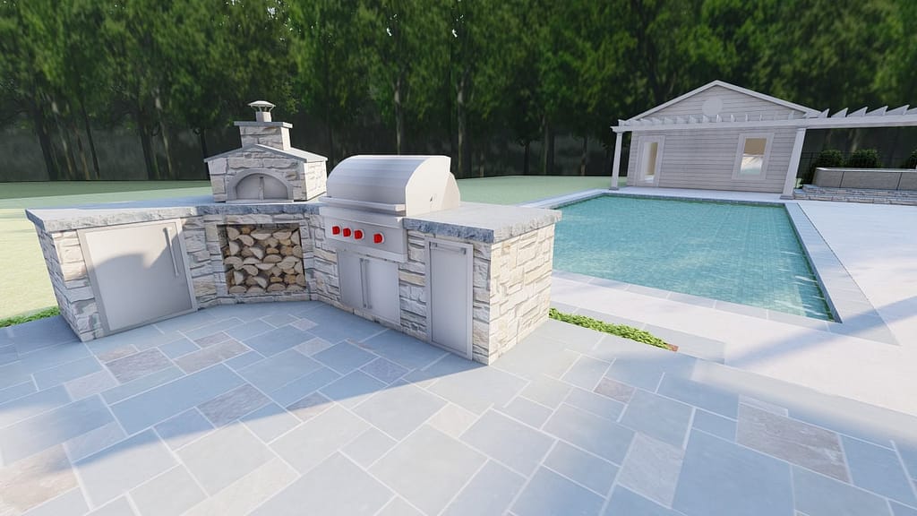 Poolside stone kitchen with built-in grill and pizza oven as part of a custom outdoor living design.