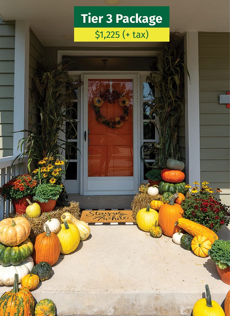 Tier 3 deluxe fall porch décor package with pumpkin towers, seasonal blanket, and flower arrangements