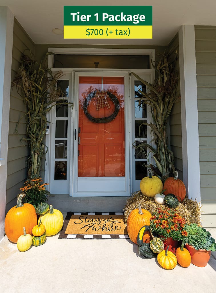 Tier 1 fall porch décor package with wreath, pumpkins, gourds, one straw bale, and corn stalks