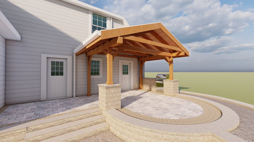 Front yard patio entryway with timber pergola and stone columns, designed as part of residential landscape construction.