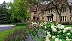 Coneflowers, salvia, Russian sage, and climbing vines blend with ornamental boxwoods to deliver continuous seasonal color and curb appeal at the front of the home.